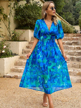 Smocked Printed V-Neck Half Sleeve Midi Dress - Trendsi - Flyclothing LLC