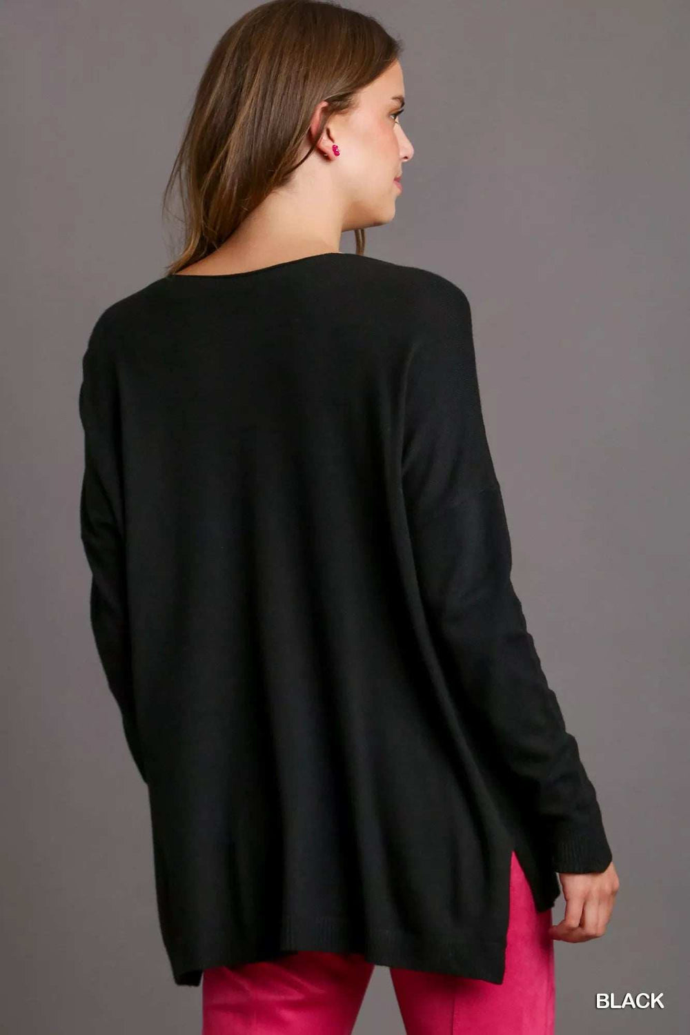 Umgee V-Neck High Low Hem Knit Top with Side Slit - Trendsi - Flyclothing LLC