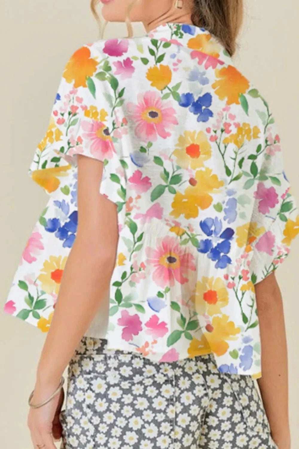 Floral Boxy Fit Ruffled Short Sleeve Blouse - Trendsi - Flyclothing LLC