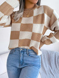 Checkered Mock Neck Long Sleeve Sweater - Trendsi - Flyclothing LLC