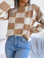 Checkered Mock Neck Long Sleeve Sweater - Trendsi