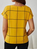 Plaid Contrast Notched Blouse - Trendsi