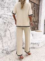 Contrast Trim Round Neck Top and Pants Set - Trendsi - Flyclothing LLC