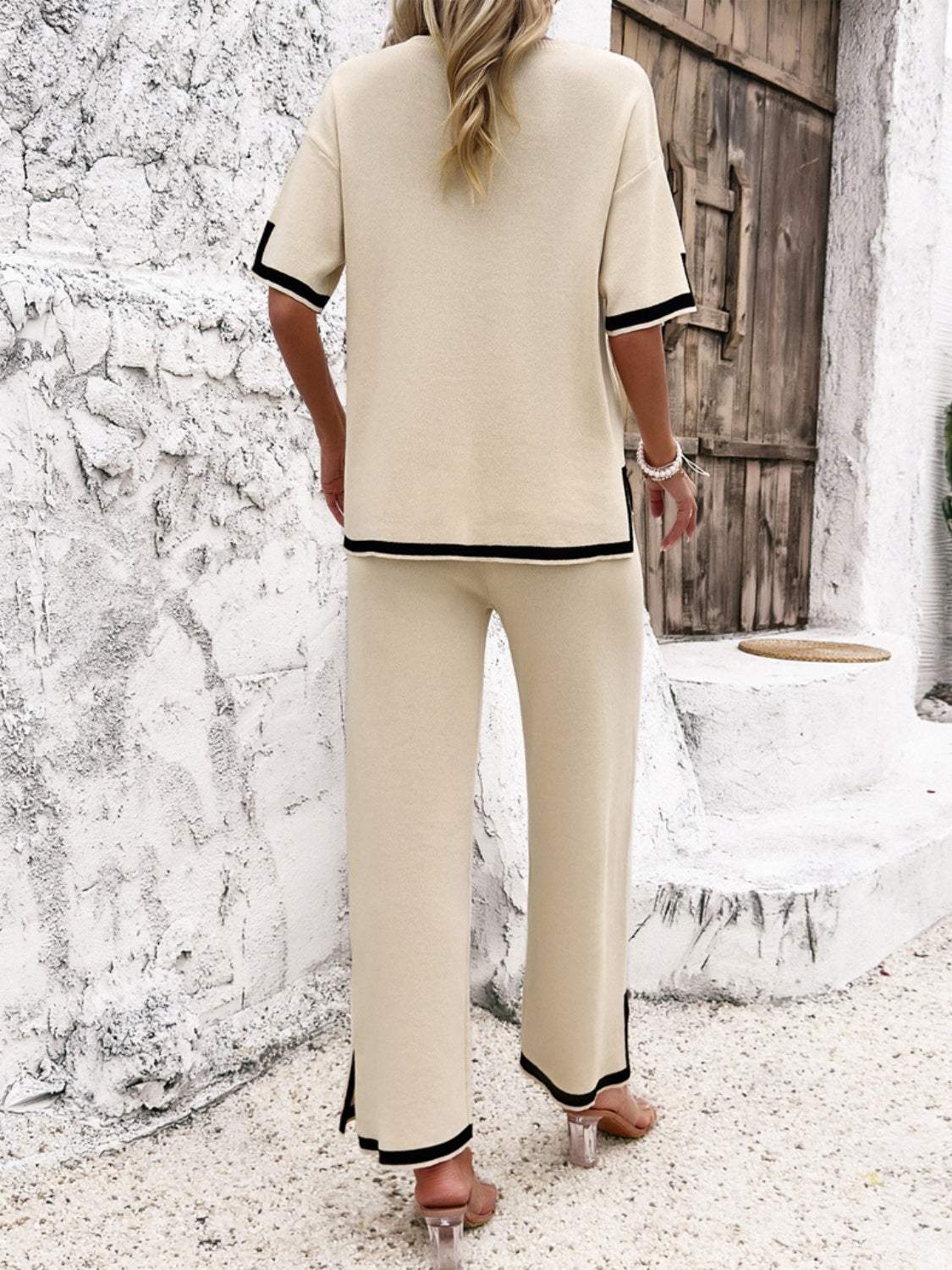 Contrast Trim Round Neck Top and Pants Set - Trendsi - Flyclothing LLC