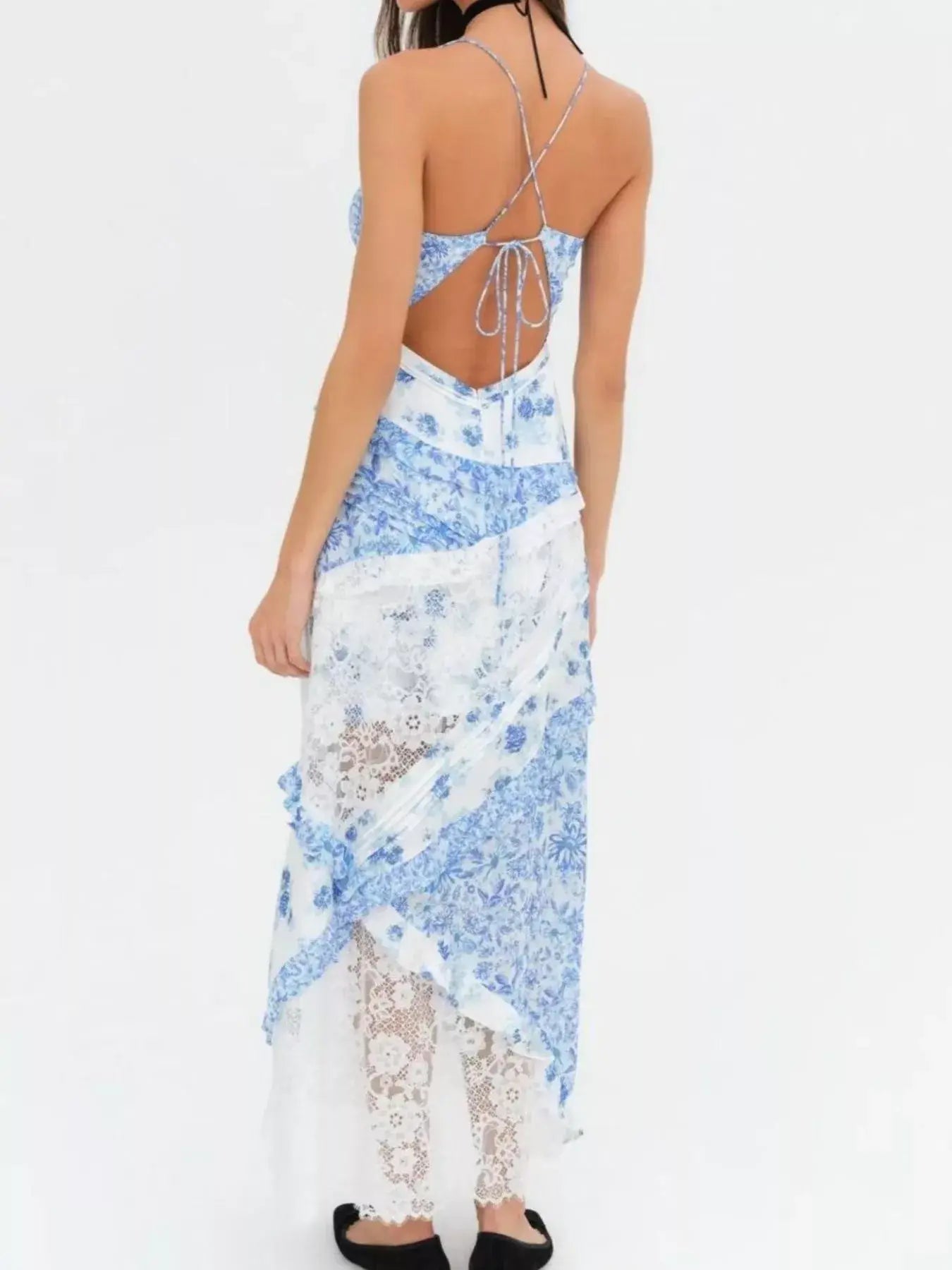 Lace Detail Ruffled Floral V-Neck Maxi Dress - Trendsi - Flyclothing LLC