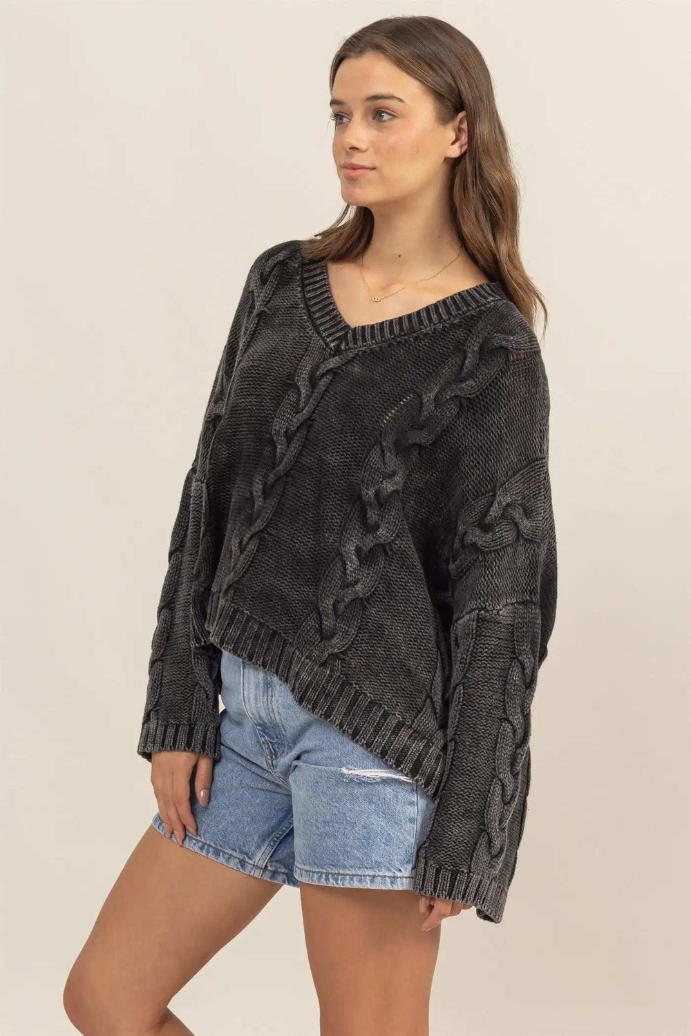 HYFVE Cable Knit V-Neck Dropped Shoulder Oversized Sweater - Trendsi - Flyclothing LLC