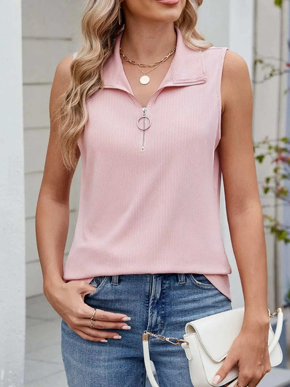 Quarter Zip Collared Tank - Trendsi - Flyclothing LLC