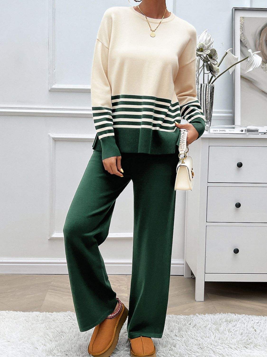 Devine Slit Striped Round Neck Top and Pants Sweater Set - Trendsi - Flyclothing LLC