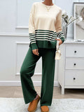 Devine Slit Striped Round Neck Top and Pants Sweater Set - Trendsi - Flyclothing LLC