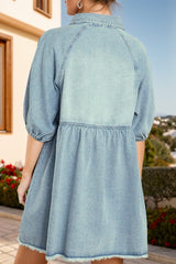 Raw Hem Snap Down Half Sleeve Denim Dress - Trendsi