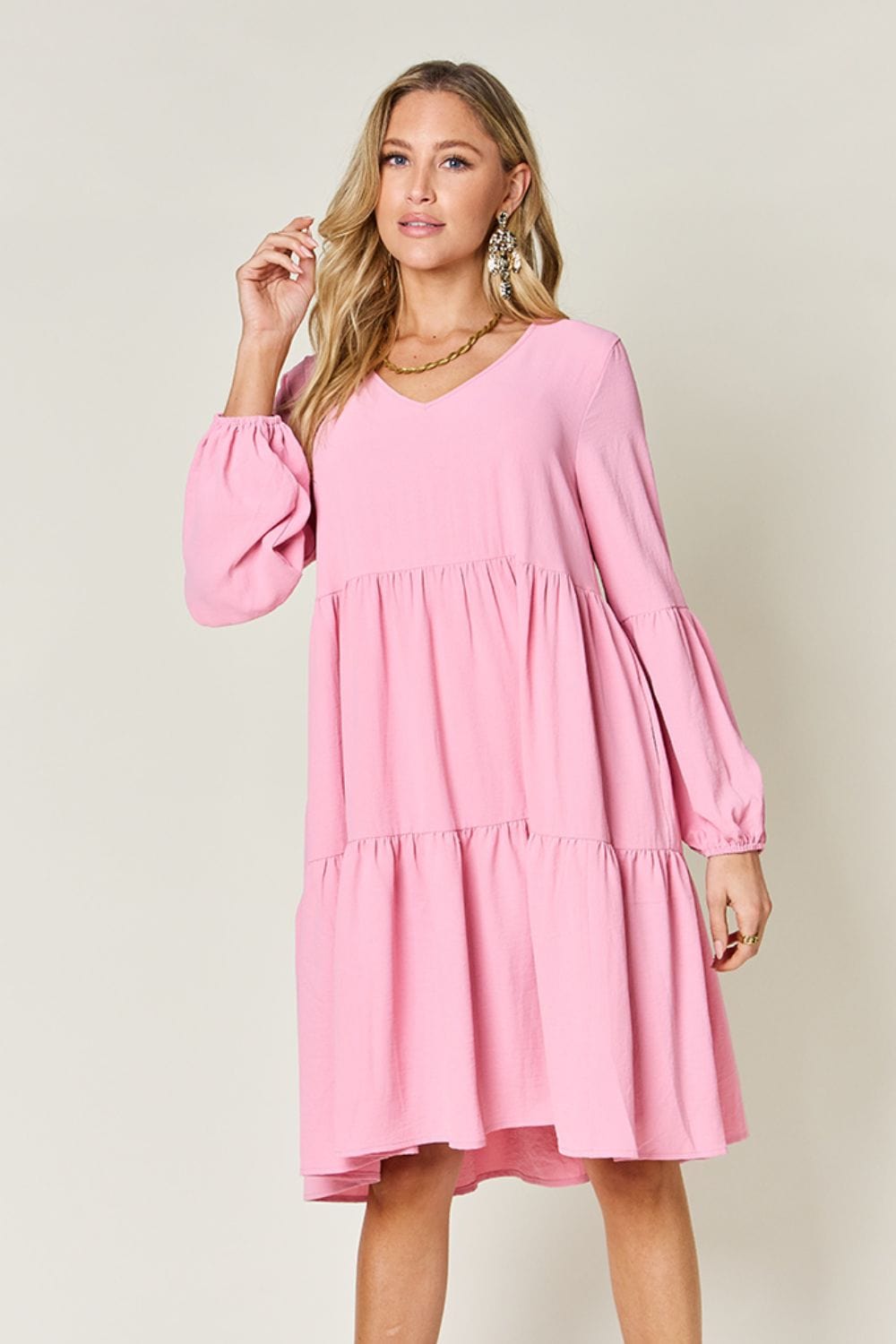 Double Take Full Size V-Neck Balloon Sleeve Tiered Dress - Trendsi