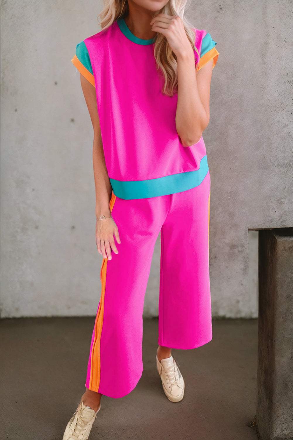 Contrast Round Neck Top and Pants Set - Trendsi - Flyclothing LLC