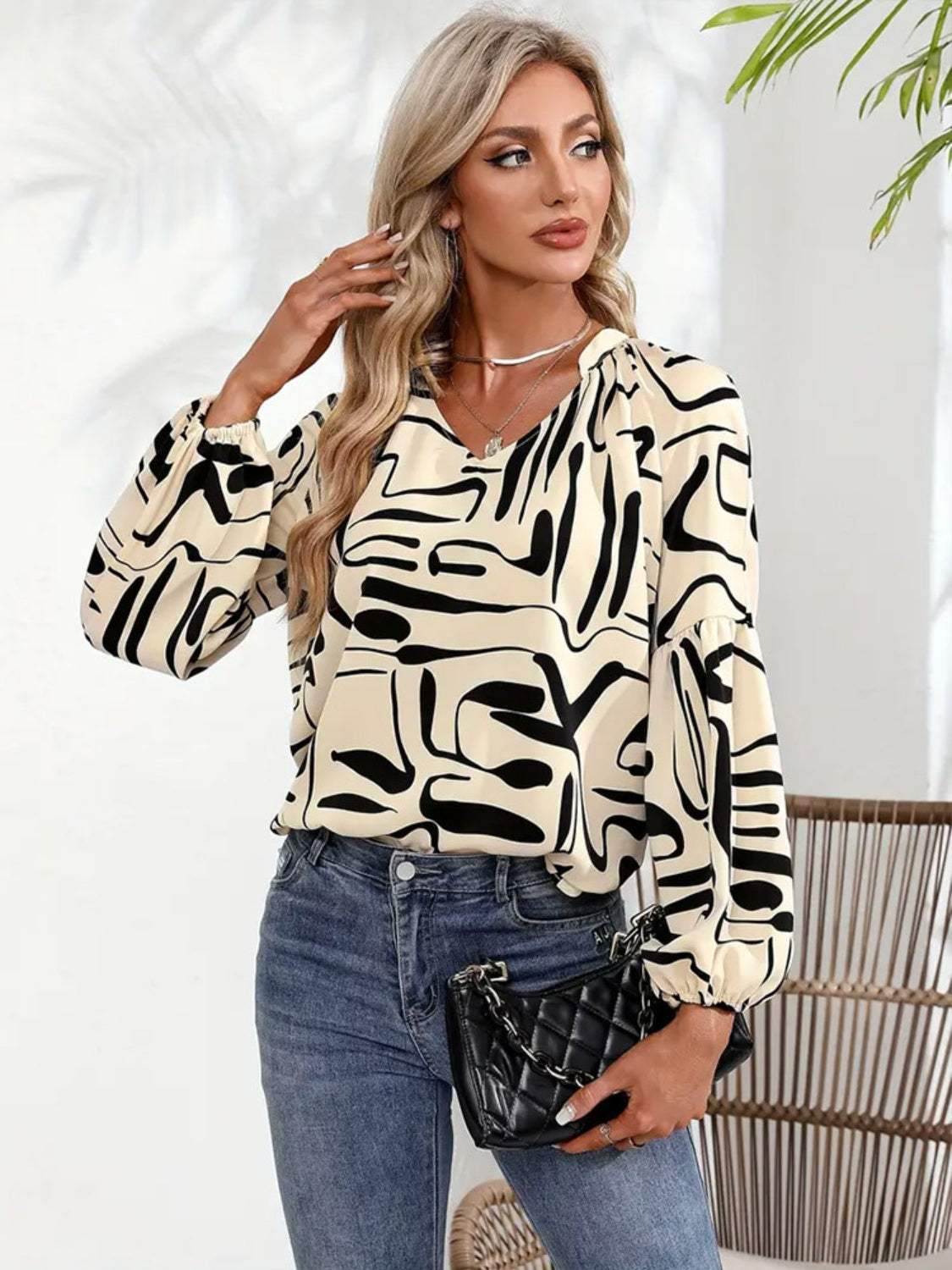 Printed Notched Long Sleeve Blouse - Trendsi - Flyclothing LLC