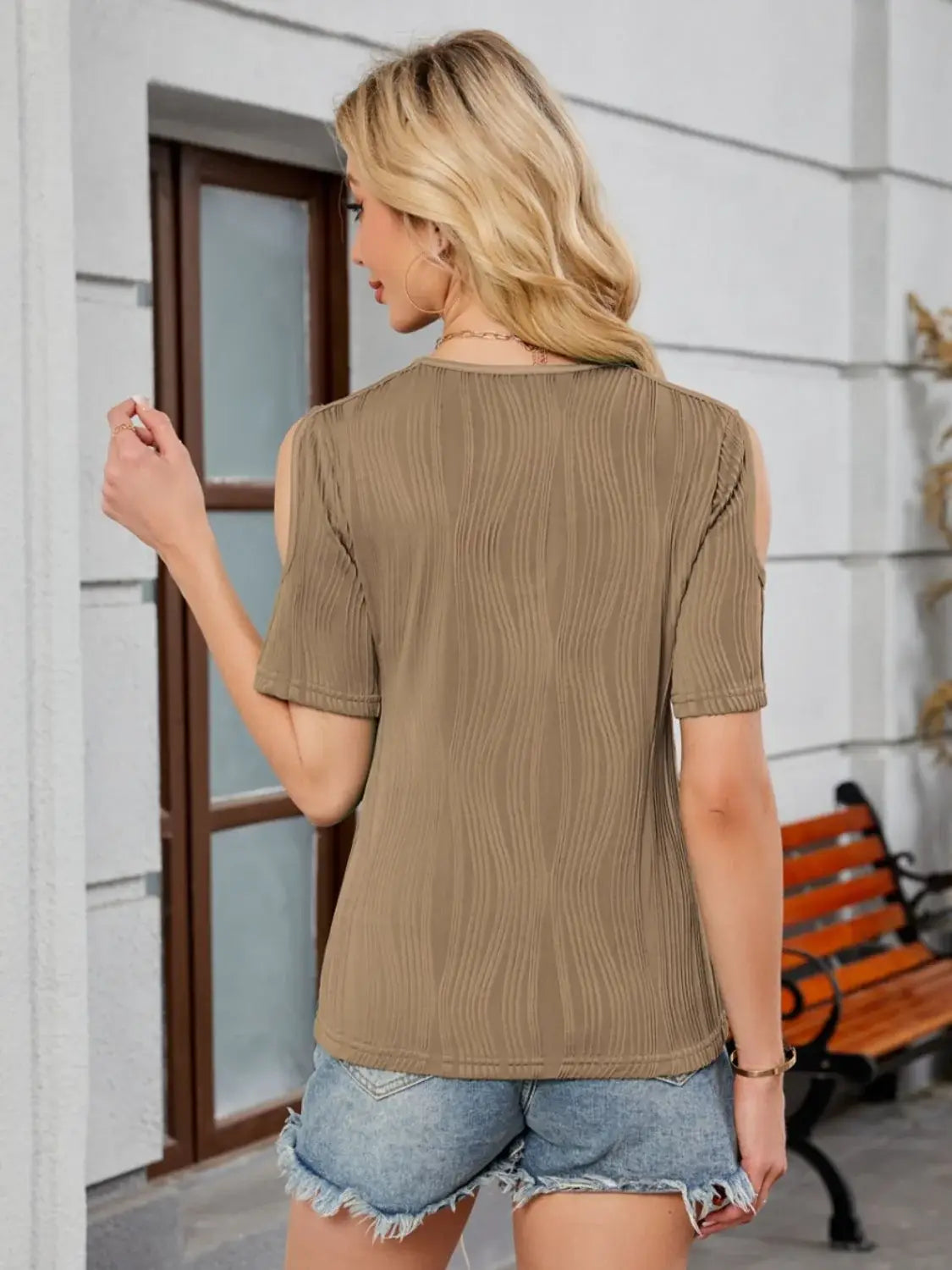 Textured V-Neck Cold Shoulder Top - Trendsi - Flyclothing LLC