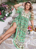 Plus Size Floral Tie Neck Flutter Sleeve Maxi Dress - Trendsi - Flyclothing LLC