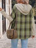 Perfee Drawstring Plaid Long Sleeve Hooded Shirt - Trendsi