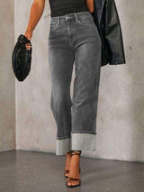 High Waisted Straight Leg Rolled Jeans - Trendsi - Flyclothing LLC
