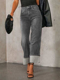 High Waisted Straight Leg Rolled Jeans - Trendsi - Flyclothing LLC