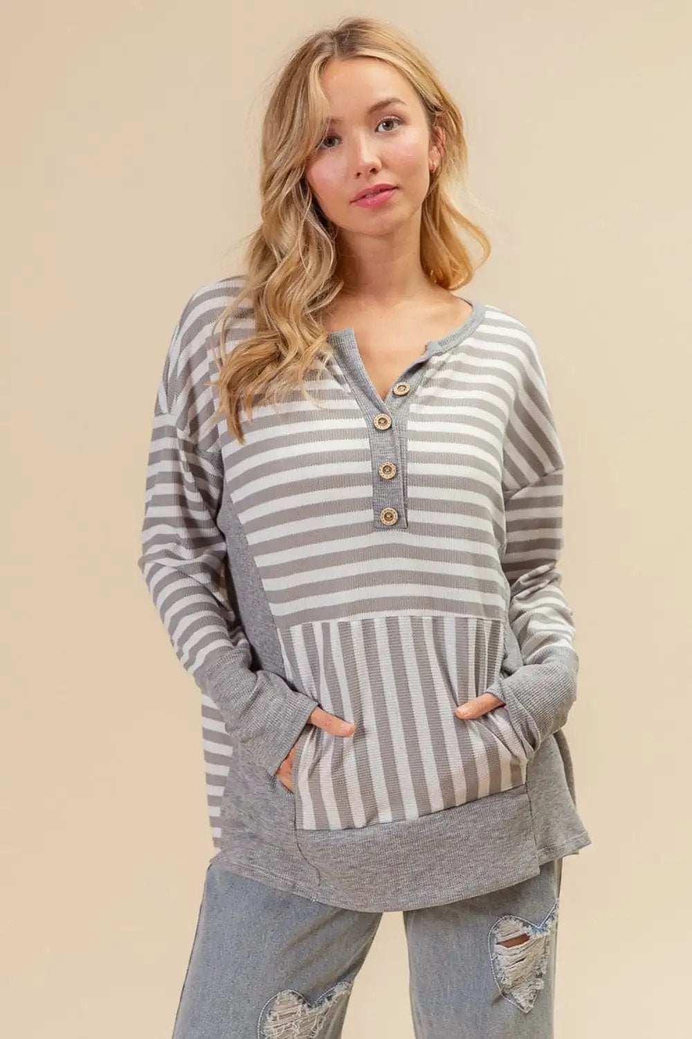 BiBi Striped Thumbhole Long Sleeve Top - Trendsi - Flyclothing LLC