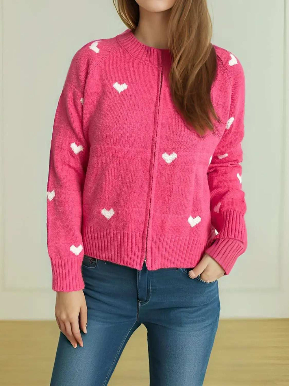 Heart Round Neck Zip Up Cardigan - Trendsi - Flyclothing LLC