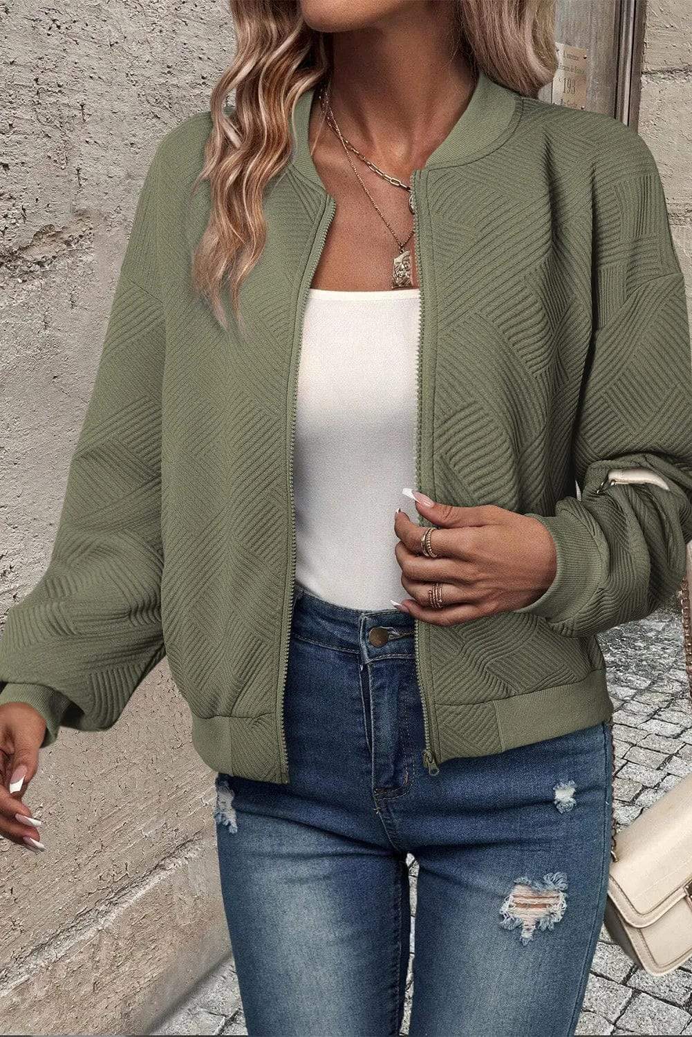 Textured Zip Up Baseball Collar Jacket - Trendsi - Flyclothing LLC