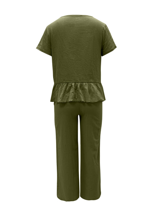 Peplum Round Neck Short Sleeve Top and Pants Set - Trendsi