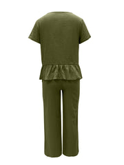 Peplum Round Neck Short Sleeve Top and Pants Set - Trendsi