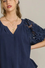 Umgee Full Size French Terry Boxy Cut Top with 3D Floral Sleeve Plus Size - Trendsi - Flyclothing LLC