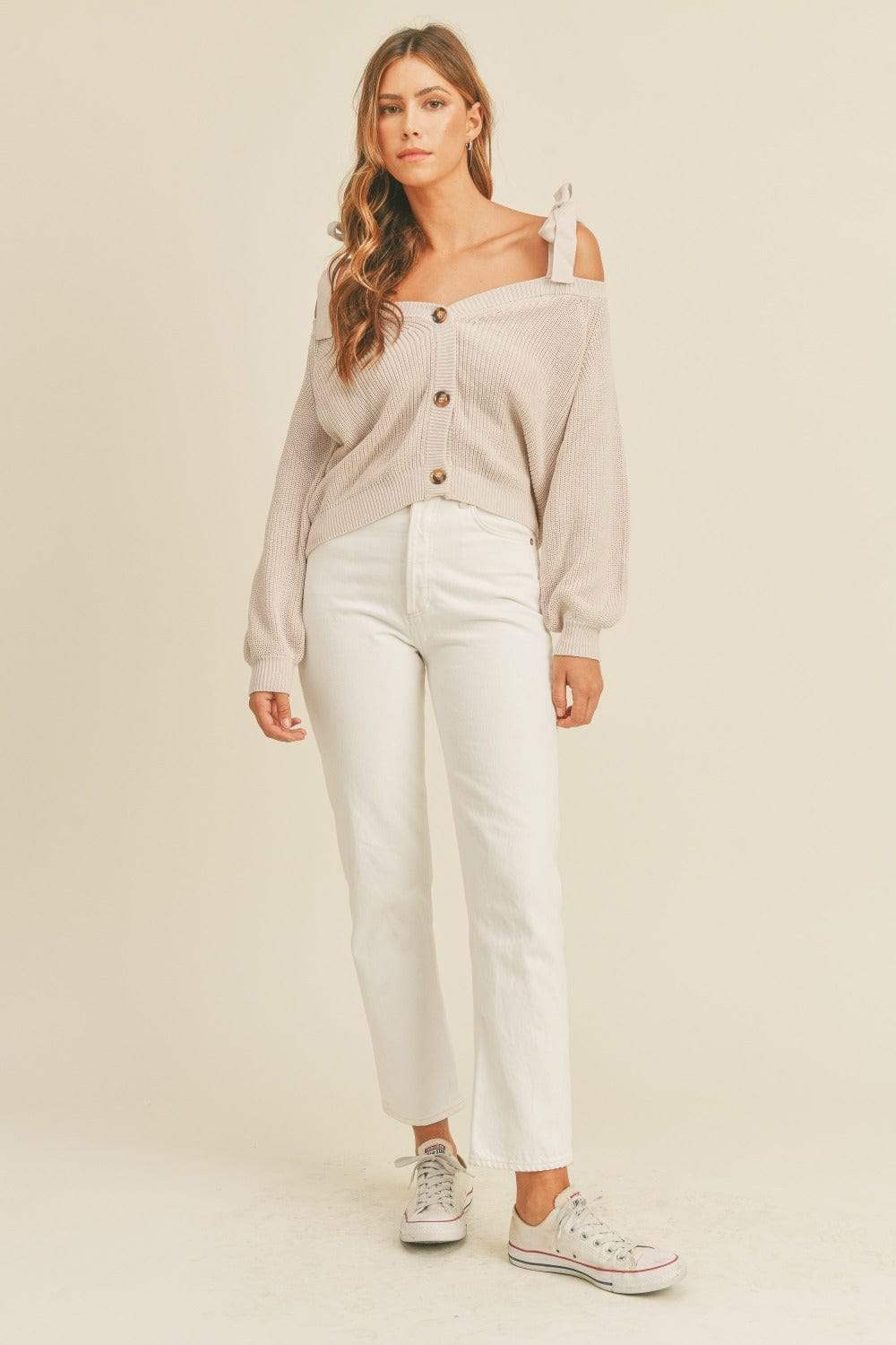 MABLE Off Shoulder Self Tie Strap Button Down Sweater - Trendsi - Flyclothing LLC