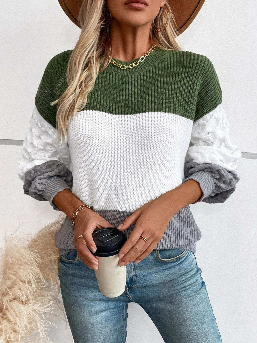 Color Block Round Neck Long Sleeve Sweater - Trendsi - Flyclothing LLC
