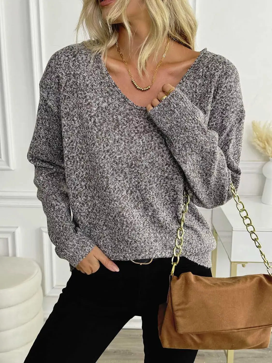 Casual V-Neck Drop Shoulder Sweater - Trendsi - Flyclothing LLC