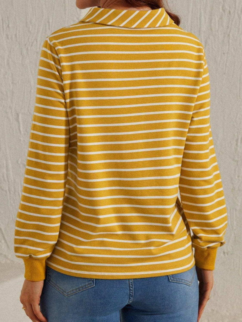 Striped Johnny Collar Long Sleeve T-Shirt - Trendsi - Flyclothing LLC