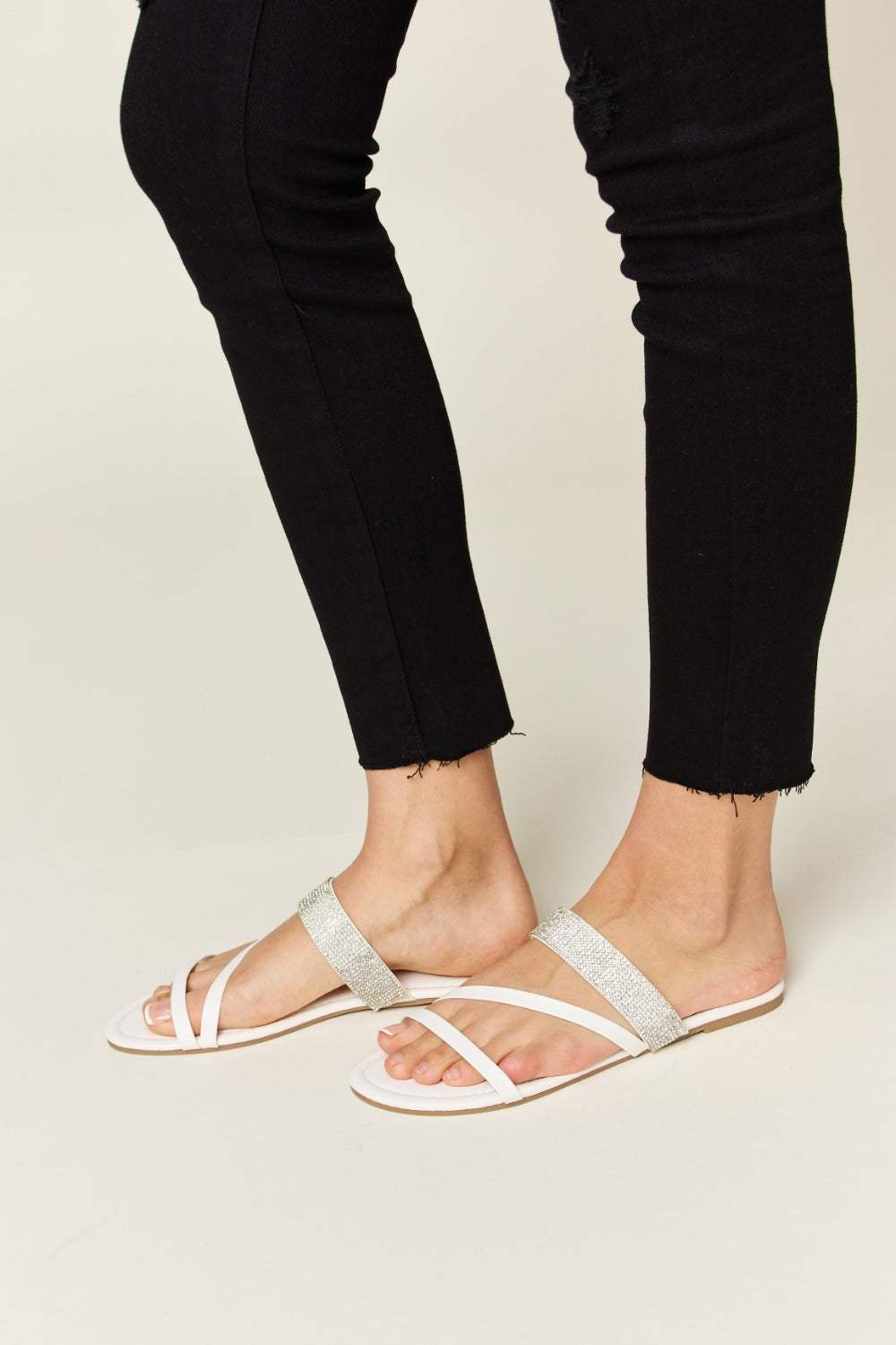 WILD DIVA Rhinestone Strappy Flat Sandals - Trendsi - Flyclothing LLC