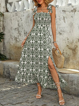 Smocked Slit Printed Tie Shoulder Dress - Trendsi - Flyclothing LLC