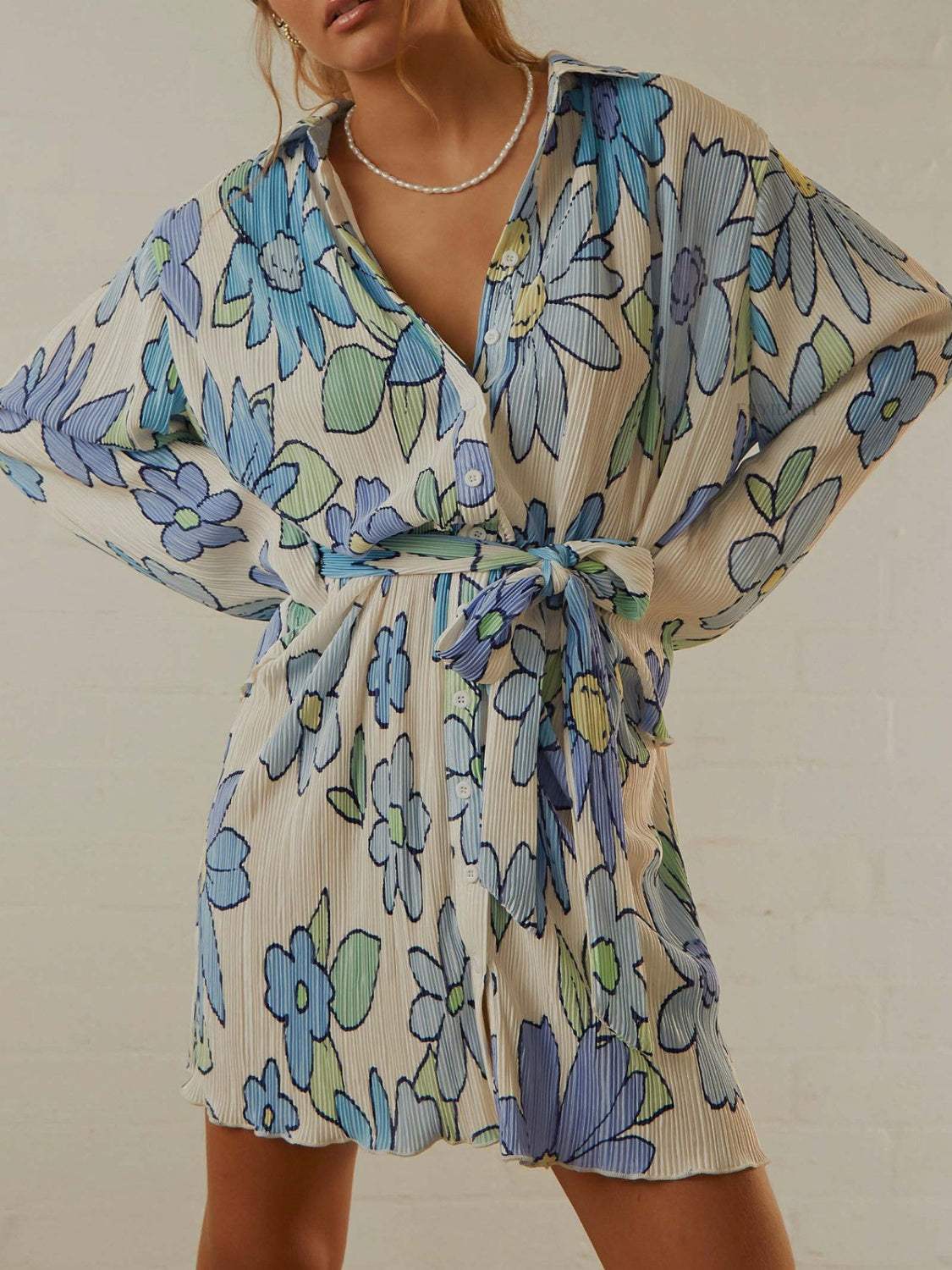 Tied Button Up Long Sleeve Dress - Trendsi - Flyclothing LLC