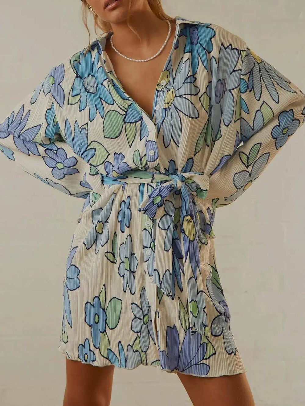 Tied Button Up Long Sleeve Dress - Trendsi - Flyclothing LLC