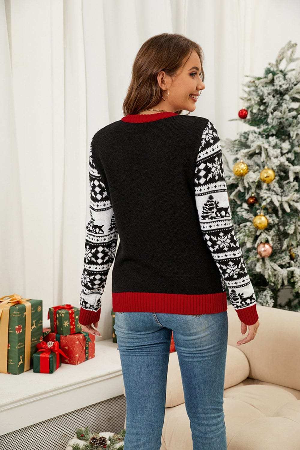 Christmas Pattern Round Neck Long Sleeve Sweater - Trendsi - Flyclothing LLC