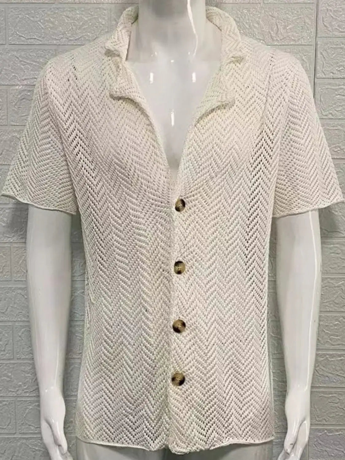 Men's Plus Size Herringbone Eyelet Button Down Knit Shirt - Trendsi - Flyclothing LLC