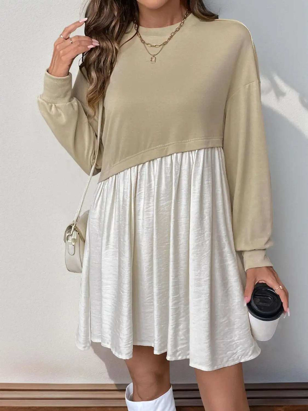Perfee Contrast Round Neck Long Sleeve Mini Dress - Trendsi - Flyclothing LLC