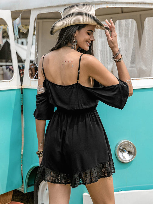 Lace Detail Cold Shoulder Romper - Trendsi