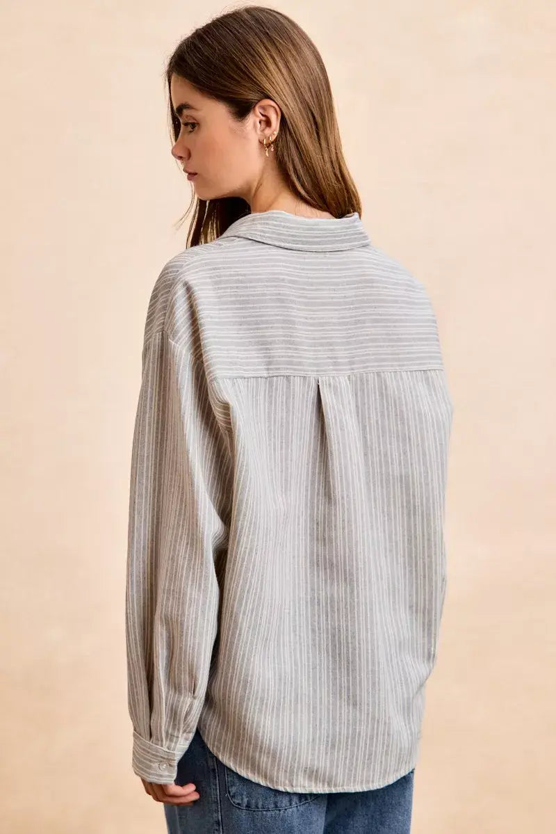BiBi Flower Jacquard Knit Patch Pocket Stripe Shirt - Trendsi - Flyclothing LLC