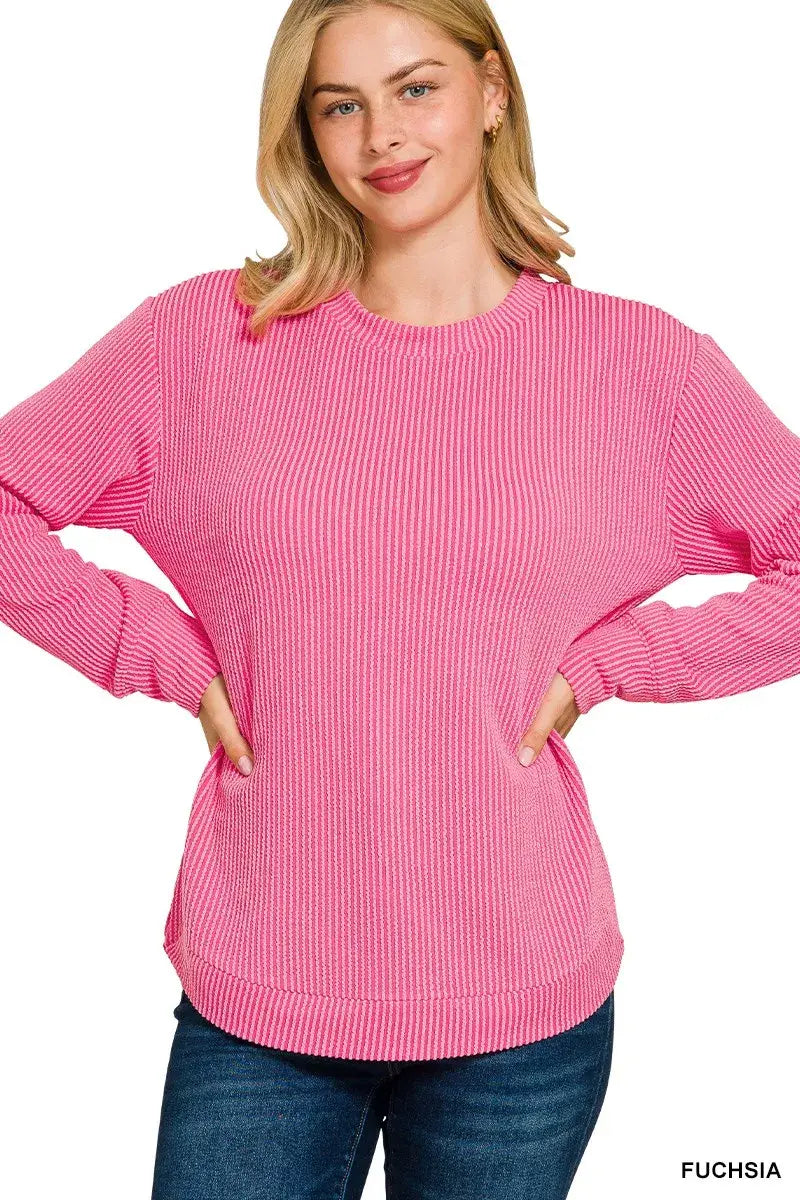 Zenana Full Size Raised Rib Round Neck Long Sleeve Top Plus Size - Trendsi - Flyclothing LLC