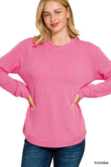 Zenana Full Size Raised Rib Round Neck Long Sleeve Top Plus Size - Trendsi - Flyclothing LLC