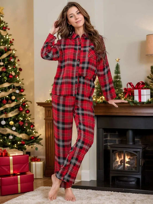 Plaid Collared Neck Long Sleeve Top and Pants Lounge Set - Trendsi - Flyclothing LLC