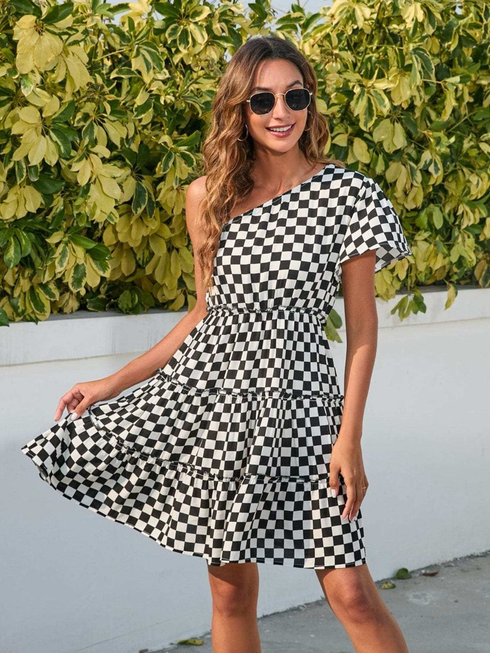 Checkered Single Shoulder Mini Dress - Trendsi - Flyclothing LLC