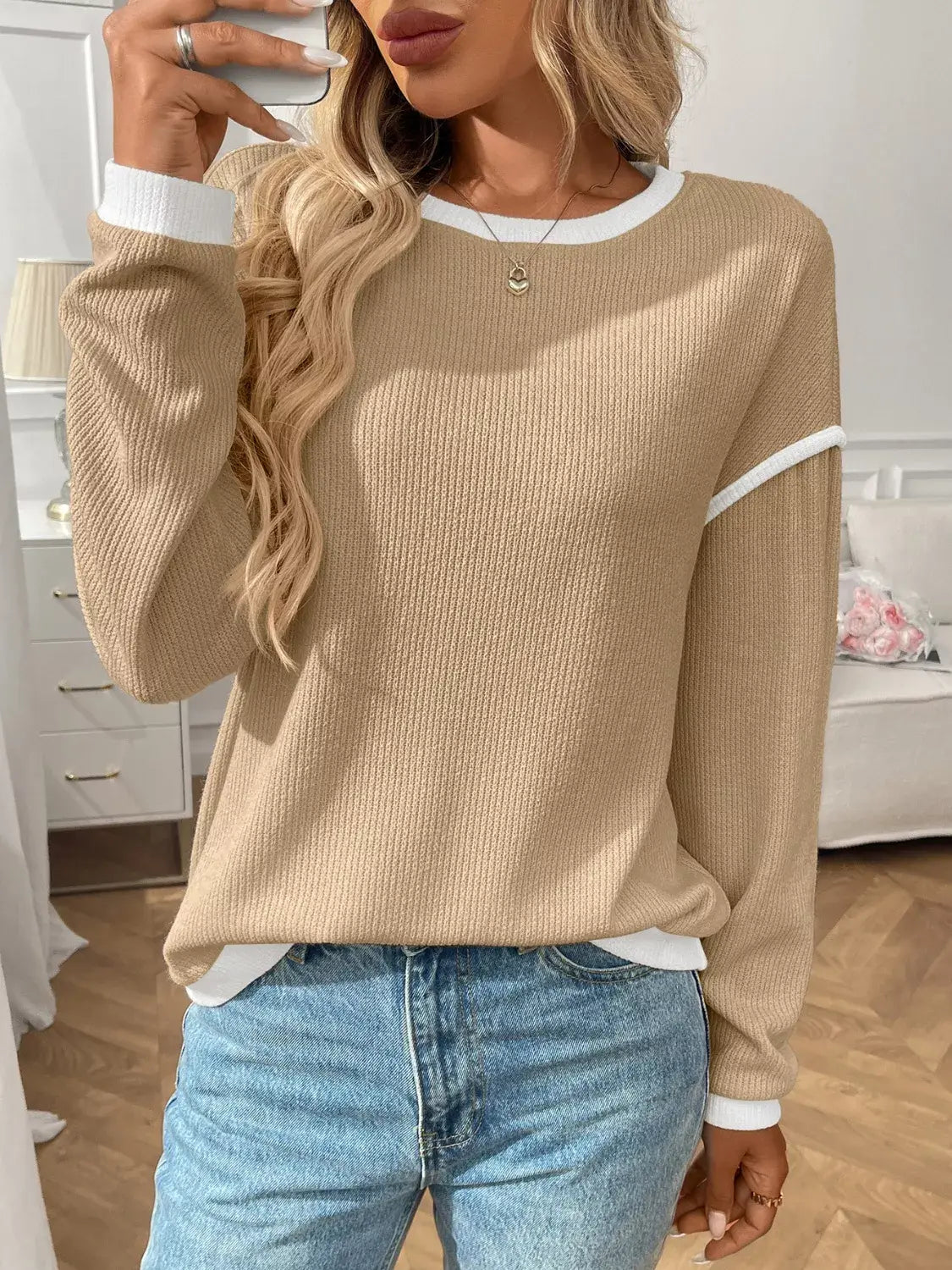 Ribbed Knit Contrast Trim Sweater - Trendsi - Flyclothing LLC
