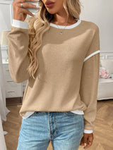Ribbed Knit Contrast Trim Sweater - Trendsi - Flyclothing LLC