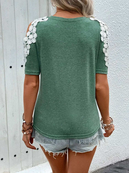 Lace Detail Round Neck Short Sleeve T-Shirt - Trendsi - Flyclothing LLC