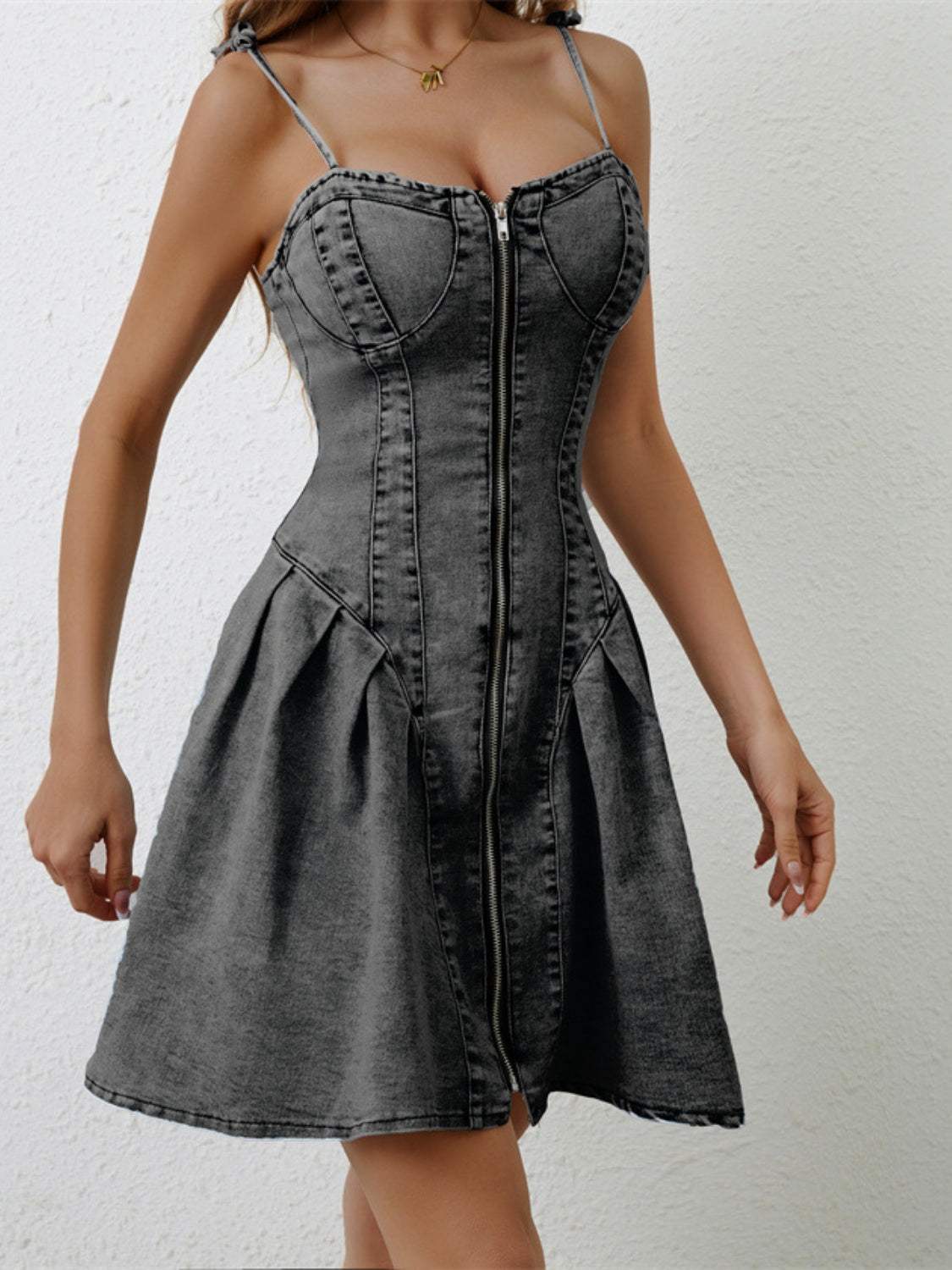 Ruched Zip Up Spaghetti Strap Denim Dress - Trendsi - Flyclothing LLC