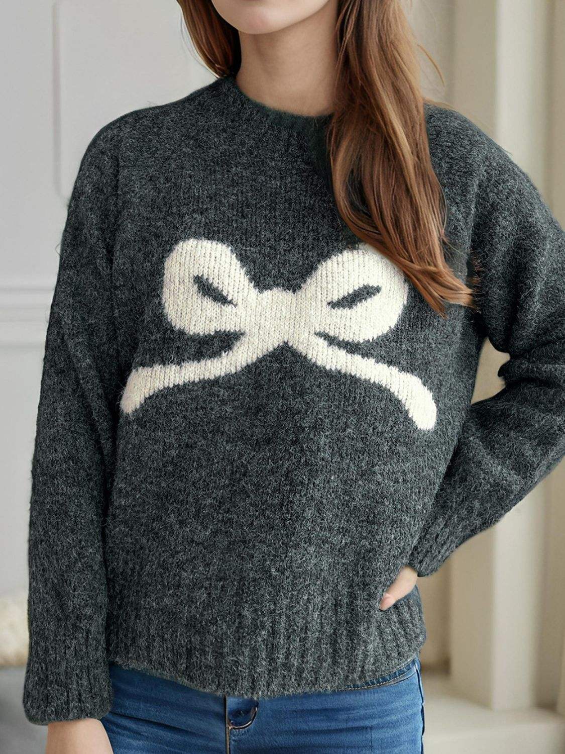Bow Round Neck Long Sleeve Sweater - Trendsi - Flyclothing LLC